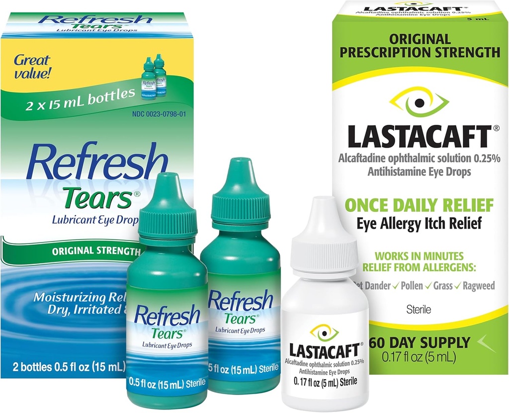Bundle von Refresh Tears Lubricant Eye Drops, 2 Count (Pack von 1) + Lastacaft Einmal täglich Augen Allergy Itch Relief Tropfen, 60 Tage Versorgung, 0.17 Fl Oz (Pack von 1)