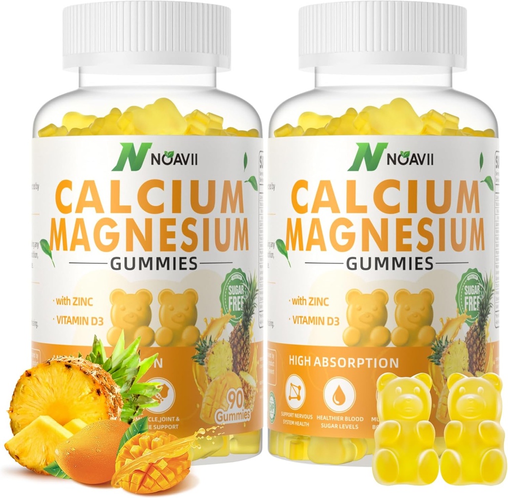 Calcium Magnesium Zink-Gummien mit Vitamin D3, Aschewagandha-Ergänzung - Hohe Potenz verbesserte Absorption - Ananas Flavor-180 Count