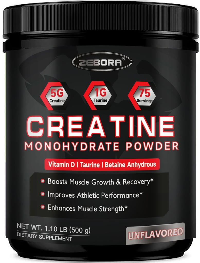 ZEBORA Mikronisierte Kreatin Monohydratpulver, Kreatin Monohydrat für Frauen-Men, hilft Muskel-Recovery, verbessert Muskel-Größe & Stärke mit 5G Kreatin und 1G Taurine
