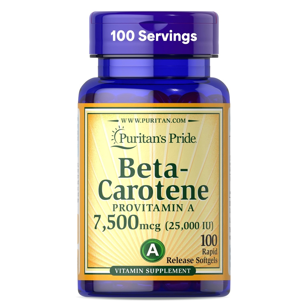 Puritan's Pride Beta Carotene Provitamin A 7.500mcg (25.000 IU), Vitamin-Ergänzung für Immunsystem, Antioxidans und Augengesundheitsunterstützung, 100 Tage Versorgung, 100 Rapid Release Softgels