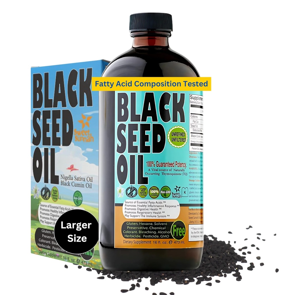 Premium Black Seed Oil Liquid 16 oz - Sugar Free 3 Month Supply Antioxidant Türkisch Schwarz Cumin Seed Oil - 3X Thymoquinone Erste Kalte Presse Vegan, Halal, Sweet Sunnah