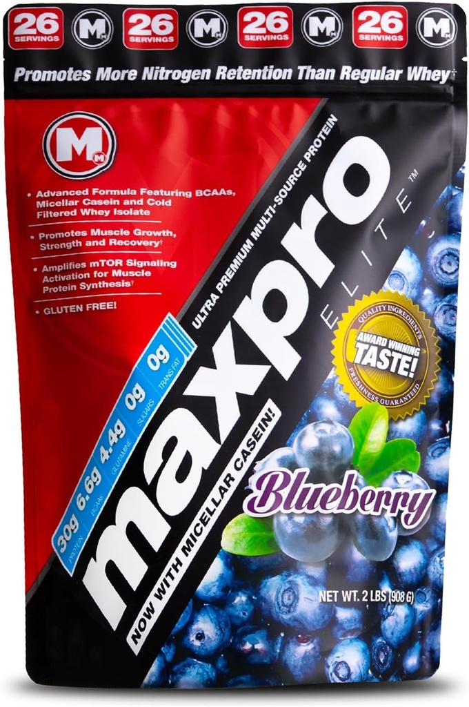 Max Muscle Maxpro Elite Whey Protein Pulver | 30g Protein | 0g Zucker | 6.6g BCAAs | Micellar Casein Cold Filtered Whey Isolate Protein | Fördert Muskelwachstum & Erholung (Blueberry, 2lb)