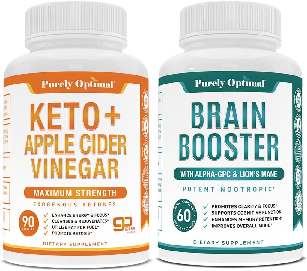 Pure Optimale Premium Keto Pillen + Apple Cider Essig Kapseln mit Mutter + Premium Brain Supplement - Nootropic Brain Booster für Fokus, Klarheit, verbessert Gedächtnis, Konzentration & Bessere Stimmung