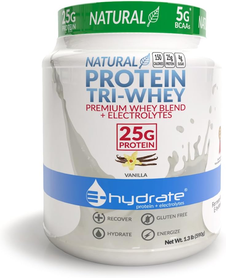 E-hydrate Tri-Whey Protein Pulver Glutenfrei BCAA + Elektrolyte Hydrate Recover, Vanille, 1.3lb Tuben