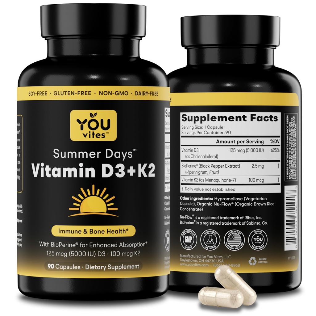 Vitamin D3 + K2 - Max Absorption, 5000 IU D3 & 100 mcg K2 MK-7 (Menaquinone-7) mit BioPerine - Knochen, Herz- und Immununterstützung - Non-GMO, Glutenfrei, Sojafrei - 90 Kapseln - Tägliche Ergänzung