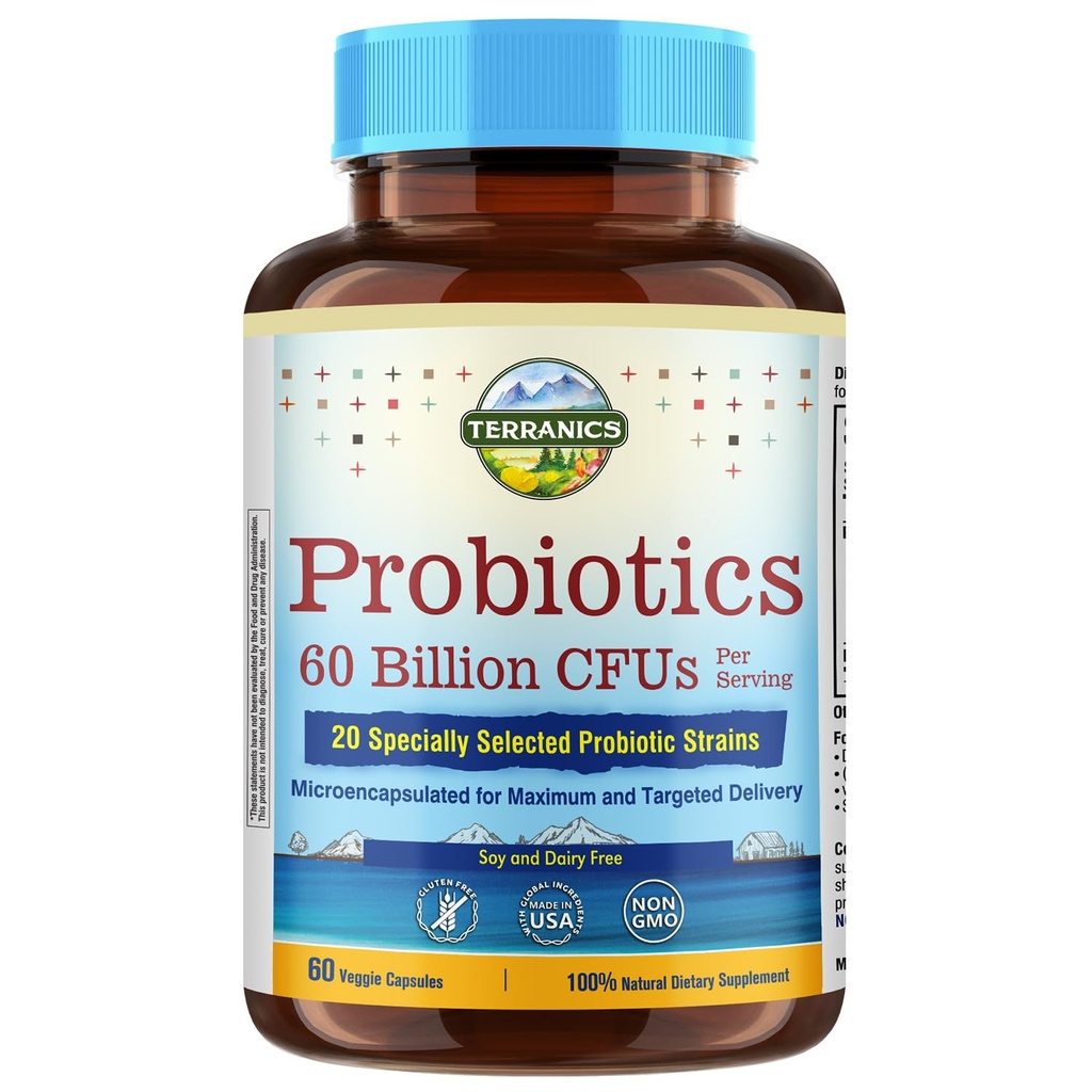 Terranics Probiotiques 60 Million CFU, 20 souches, 60 capsules de légumes, prébiotiques et probiotiques, supplément probiotique stable de plateau pour les hommes et les femmes, non-OGM, NO Soy, laiterie et gluten