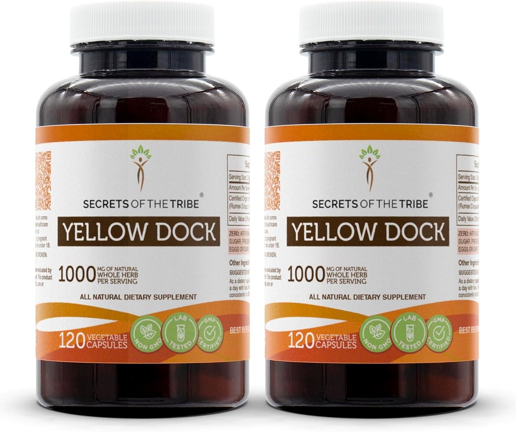 Secrets de la Tribe Yellow Dock 120 Capsules(2 pcs.), 1000 mg, Dock Jaune (Rumex Crispus) Racine séchée (2x120 Capsules)