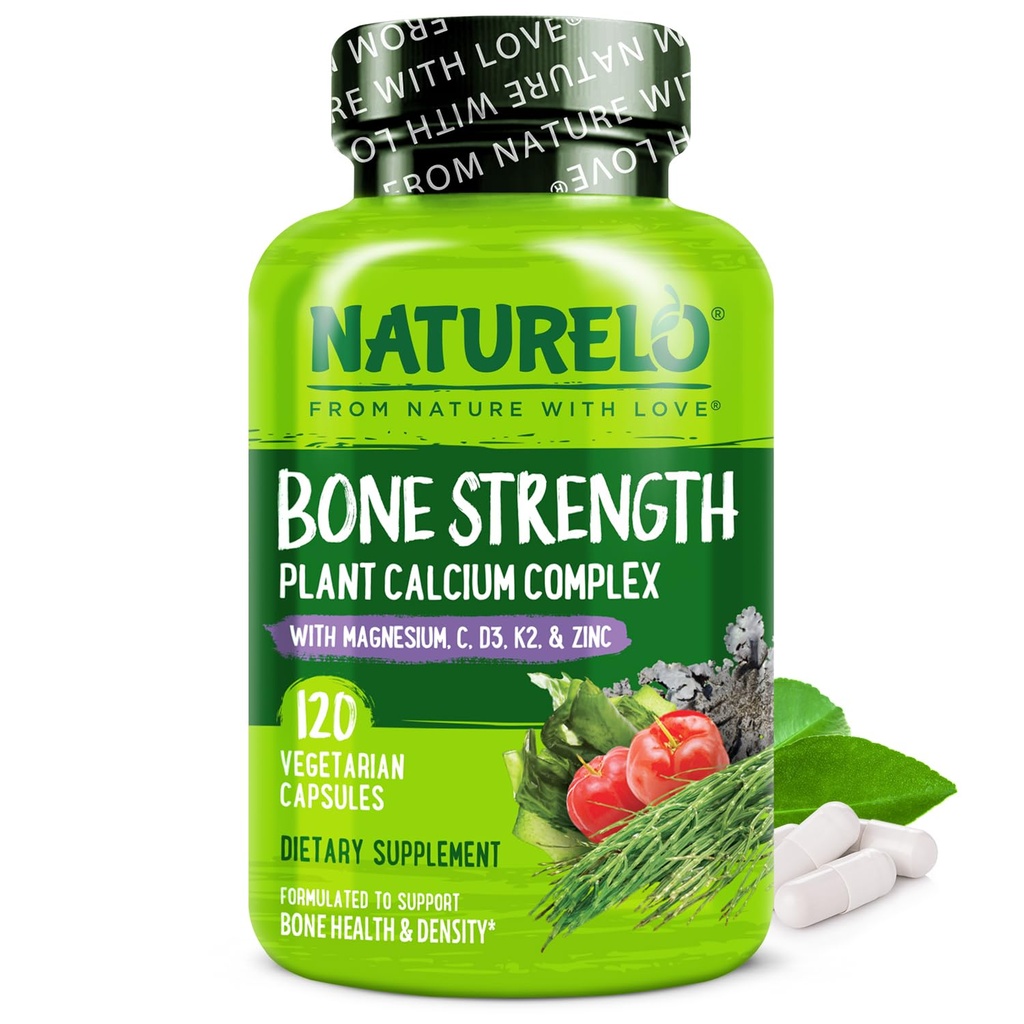 NATURELO Supplément au calcium - avec vitamine C, vitamine D3, K2 et zinc de magnésium de calcium pour la résistance aux os avec calcium 600mg - à base végétale, 120 Capsules végétariennes, sans OGM, sans soja et sans gluten