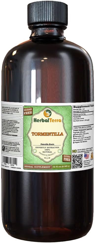 Tormentilla (Potentilla erecta) Glycérite, racines séchées Extrait liquide sans alcool (marque: HerbalTerra, fièrement fabriqué aux États-Unis) 32 fl.oz (0.95 l)
