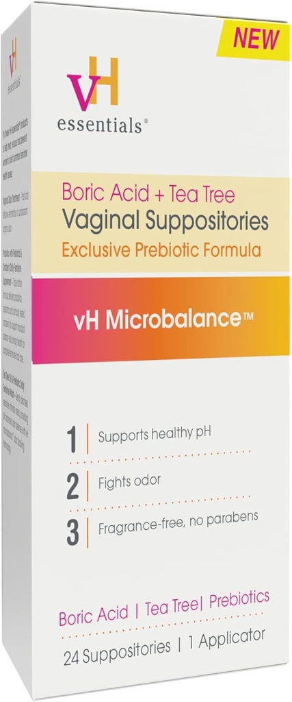vH essentials Acides boriques et Thé Arbre Suppositoires vaginales - Formule prébiotiques avec acide lactique - PH Balance, contrôle de l'odeur, soins féminins - 24 Suppositoires et Applicateur, Blanc, 2.4 Ounces