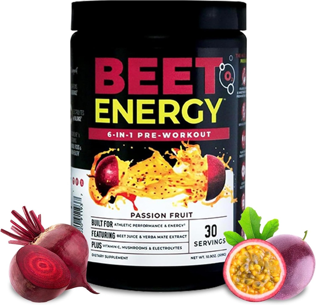 Nutrology Beet Energy O2, Pre Workout Powder, Energy, Endurance & Nitric Oxide Booster with Beet Powder, Yerba Mate, Adaptogens & Electrolytes, Vegan Pre Workout, Passion Fruit Flavor, 30 Servings