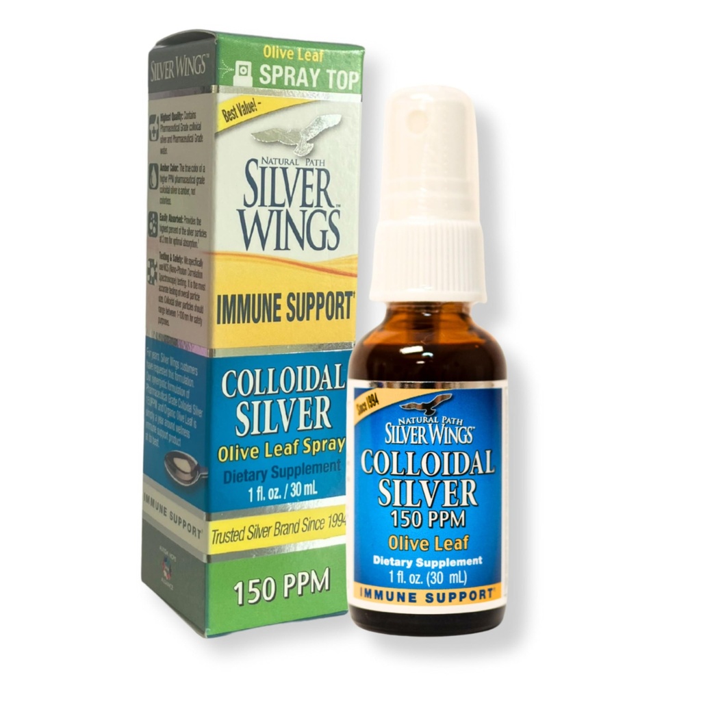 Path naturel Silver Ailes Colloïdal Argent 150ppm (750mcg) avec/Olive Leaf - Supplément de soutien immunitaire - 1oz Spray