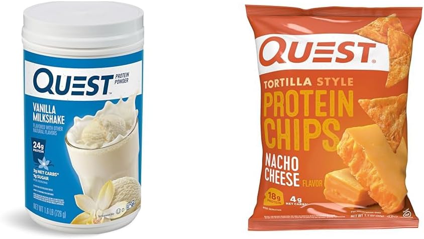 Quest Vanilla Milkshake Protein Powder, 24g Protein, 1.6lb + Quest Nacho Käse Tortilla Style Protein Chips, 18g Protein, Packung von 12