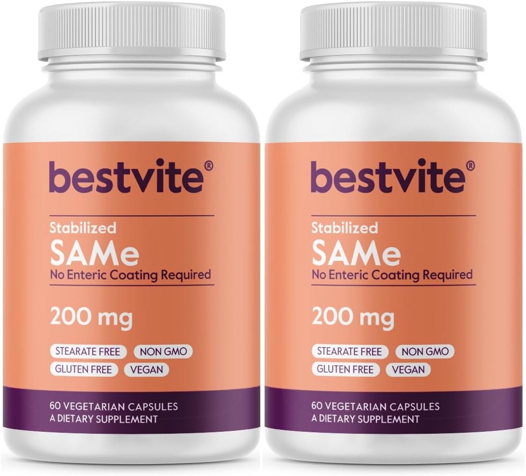 BESTVITE SAM-e 200mg Stabilisiert (120 vegetarische Kapseln) (60 x 2) - Einfach zu spülen Kapsel Form - Kein Enteric Mantel erforderlich - keine Stearaten - keine Füllstoffe - Vegan - Nicht GMO - Glutenfrei