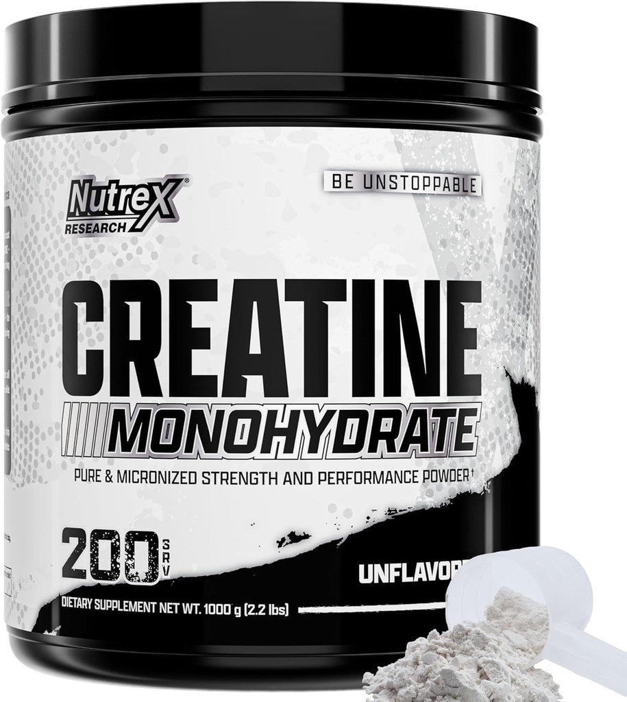 Recherche sur les nutriments Poudre monohydratée de créatine micronisée - 200 portions (1KG) Supplément monohydraté de créatine pur et non aromatisé pour le gain, la force et la performance musculaires, 5G par portion (2,2lbs)
