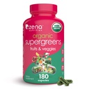 Zena Nutrition Bio Super Verts Supplément Fruits et légumes, 70+ Superaliments de fruits et légumes, 3g Fibre, Spiruline, Chlorella, Prébiotiques et probiotiques, Enzymes digestifs, 180 Capsules