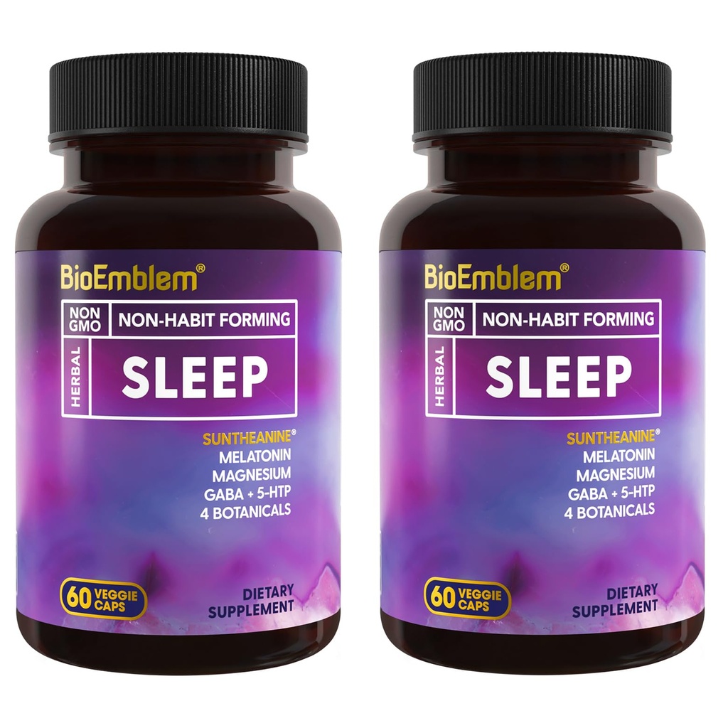 BioEmblem natürliche Schlafhilfe für Erwachsene mit Melatonin, Valerian Root, Suntheanine & More | Gesunde Schlaf Ergänzung | Kräuter Schlaf Pillen | 60 Kapseln, 2 Pack