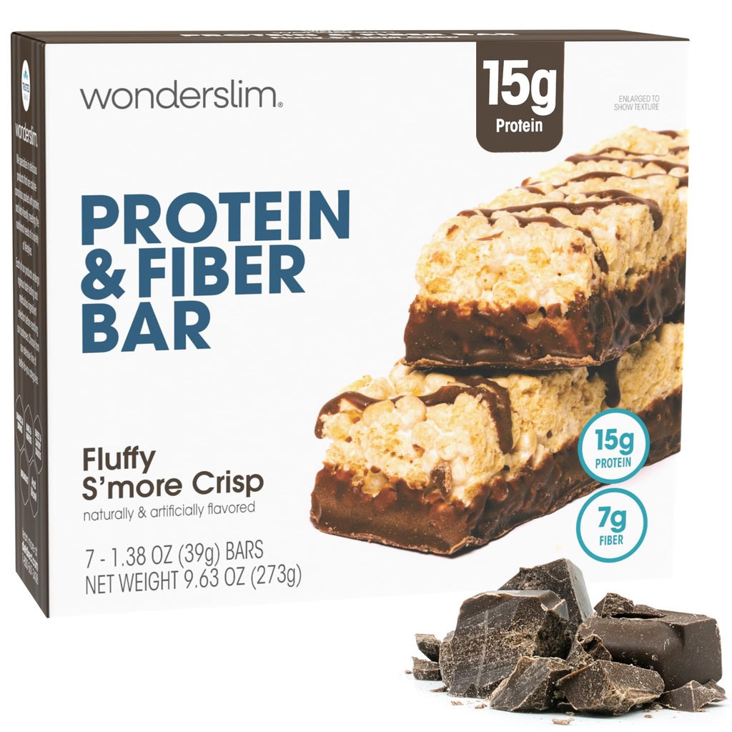 Wonderslim High Fiber Protein Bars, Fluffy S'more Crisp | 15g Protein, 8g Fiber | Low Sugar, Low Carb | Gesunde Indulgence | Zufriedenheit, unterstützt Energie & On-the-Go Convenience, 7 Pack