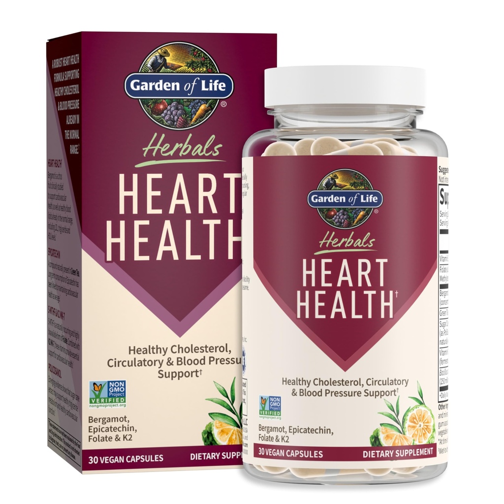 Garden of Life Herbals Supplément santé cardiaque avec folate, Bergamot, thé vert et vitamine E & K pour cholestérol, circulatoire et soutien de la pression artérielle, non-OGM, sans gluten, agrumes, 30 portions