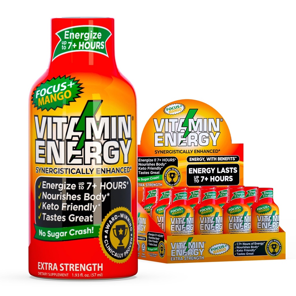 Vitamin Energy Focus+ Extra Strength Energy Shot Mango 12 Pack, 260mg Natürliche Koffein, B-Vitamine, CoQ10, Aminosäuren, Fokus, Produktivität & Clarity, Zero Sugar, Glutenfrei, 1,93 fl oz