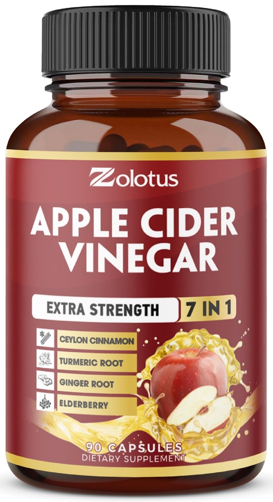 Zolotus 7 in 1 Apfel Apfelessig Kapseln, 3 Monate Versorgung mit Ceylon Cinnamon, Ginger Root, Turmeric, Elderberry für Unterstützt Verdauung, Immun, 90 Kapseln