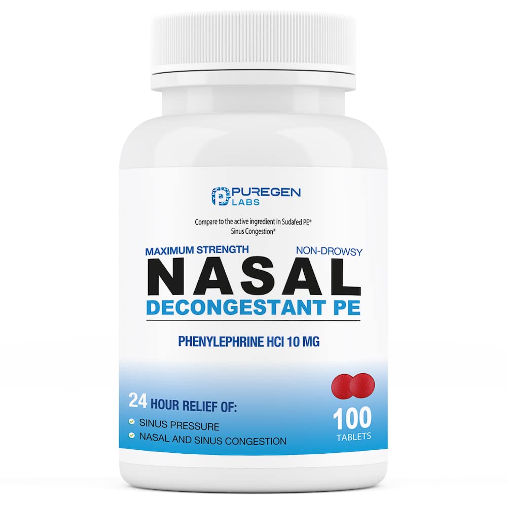 Puregen Labs Nasal Decongestant PE 100 Tabletten | Phenylephrin HCl 10 mg Tabletten | Maximale Stärke | Nicht Drowsy Nasal & Sinus Congestion Relief Aufgrund von Kälte oder Allergien (1)