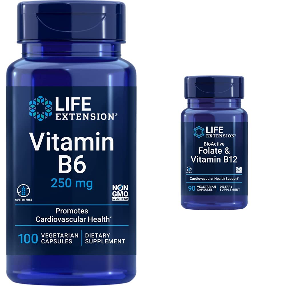 Prolongation de la durée de vie Vitamine B6 250 mg, 100 Capsules végétariennes et folate et vitamine B12, Capsules végétariennes, Blanc, 90 Compte