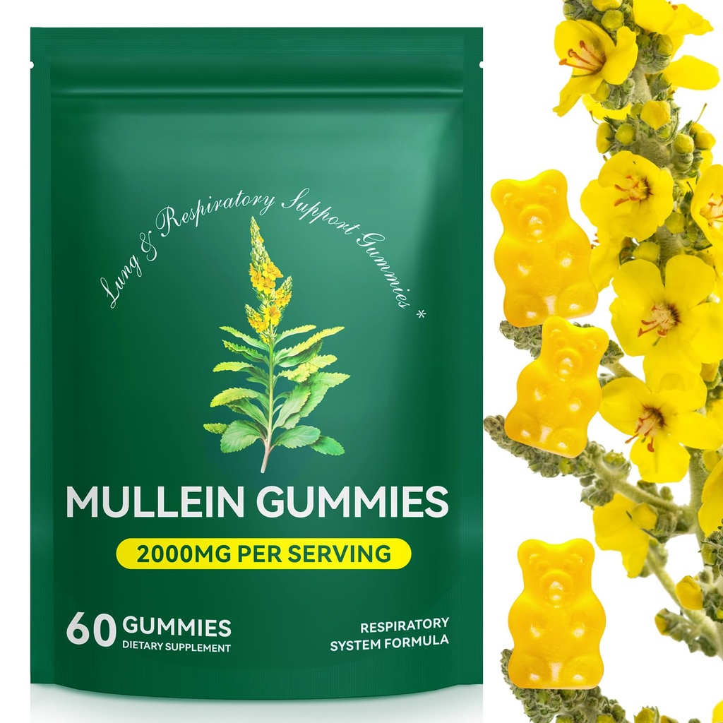 Mullein Gummies für Lung Detox, 2000mg Mullein Blatt Extrakt für Atem- und Verdauungshilfe, Bio Mullein Herb Supplement für Mucus Relief für Atemschutz, Immun, Vegan 60 Gummie