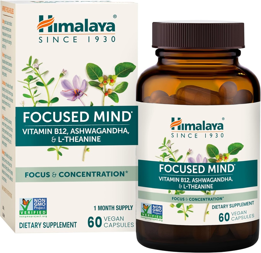 Himalaya Focused Mind mit Ashwagandha, Bacopa & L-Theanine für Fokus, Energie und Aufmerksamkeit, 60 Kapseln, 1 Monat Versorgung, Vegan, Gluten kostenlos