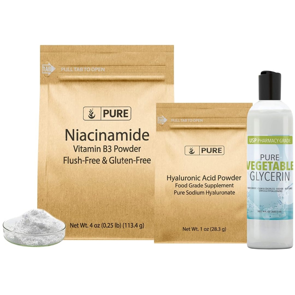 Ingrédients originaux purs Acides hyaluroniques, Niacinamide et Glycérine, Tailles variées, Inodore, Incolore