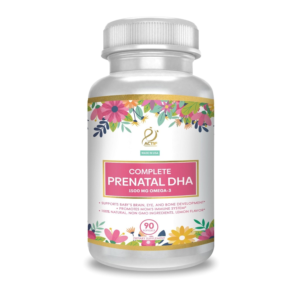 ACTIF DHA prénatal complet avec 1500mg Oméga-3, 100% naturel, DHA organique, EPA – Non-OGM, 90 Nombre
