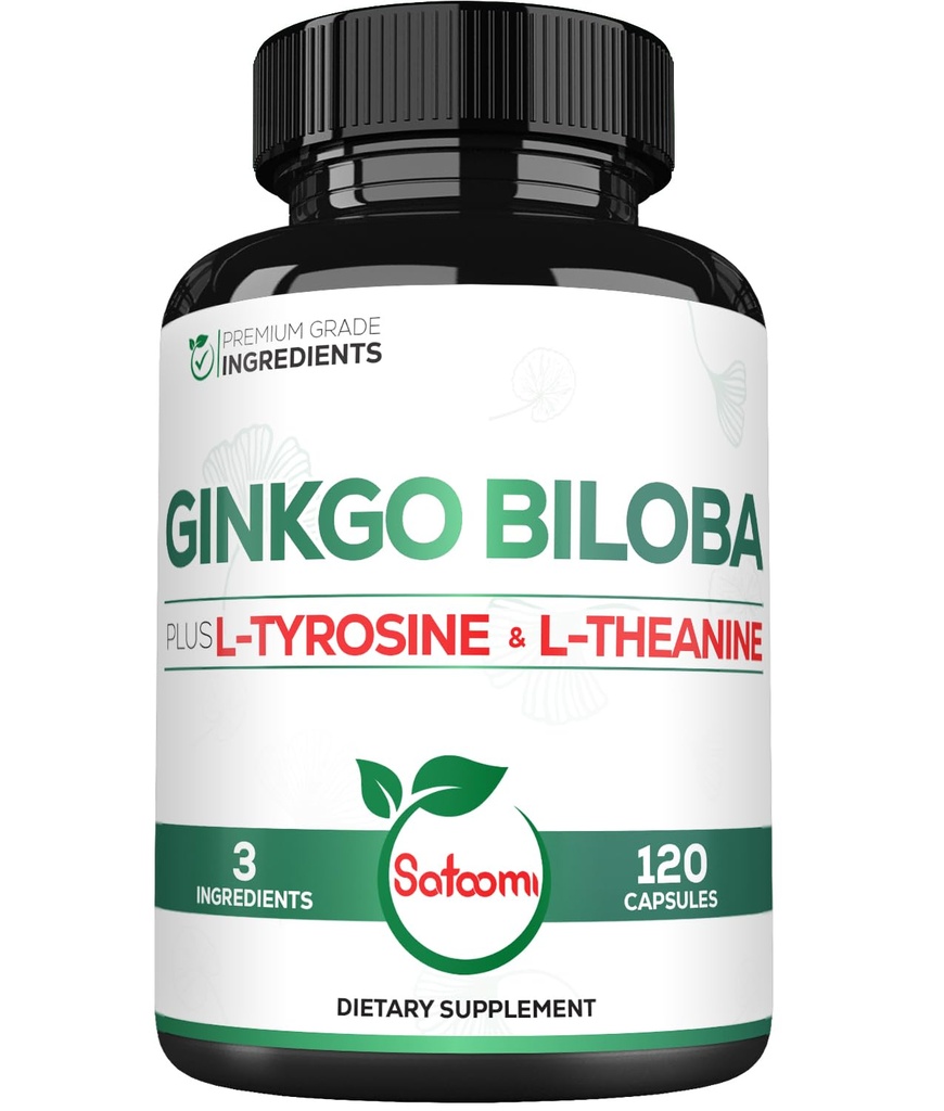 1000mg Ginkgo Biloba Ergänzungen mit L-Tyrosin, L-Theanine - 120 Kapseln für 2-Monats-Versorgung - Support Focus, Mermory Funktion, Gehirngesundheit & Vision Qualität