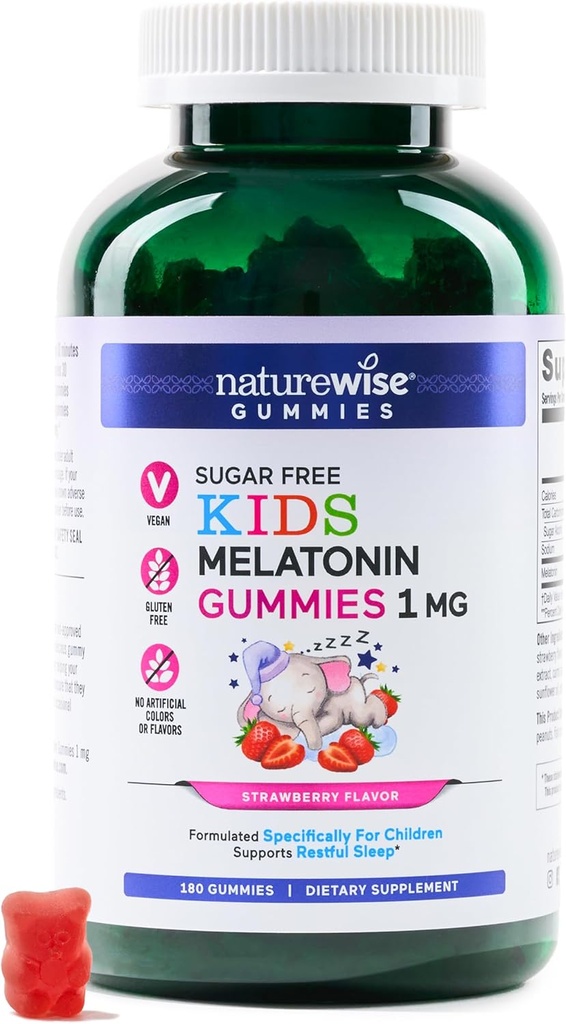 NatureWise Kids Melatonin 1 mg Sugar-Free Gummis für Kinder Alter 4 & Up - Non-Habit Forming Schlafhilfe - Erdbeeren Flavored - Vegan, keine Gluten, Non-GMO - 180 Count[6-Monatsversorgung]