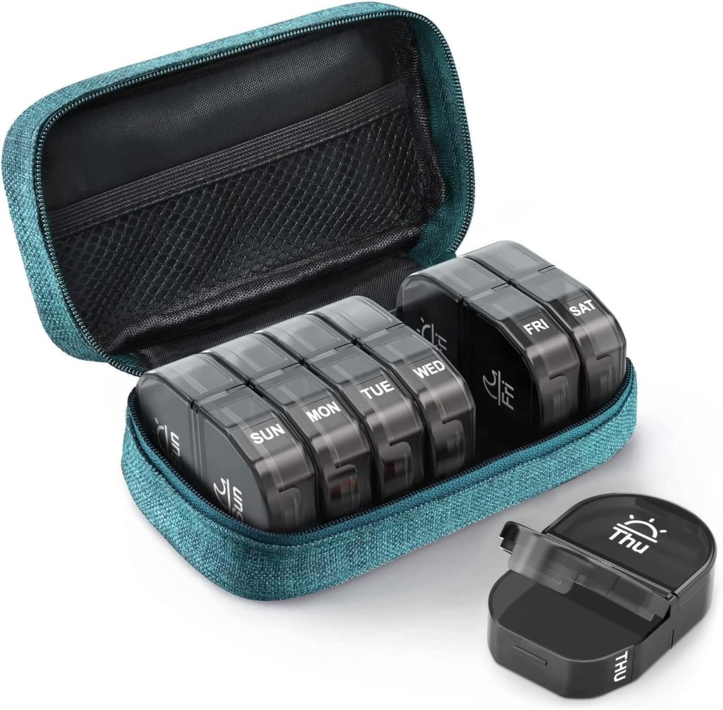 AUVON Canvas Bag Travel Pill Organizer 2 Mal am Tag, Große AM/PM Wöchentliche Pille Box 7 Tage Pille Fall mit tragbaren Cyan Zipper Cloth Tasche für die Haltung von Nahrungsergänzungen, Vitamine und Fischöle