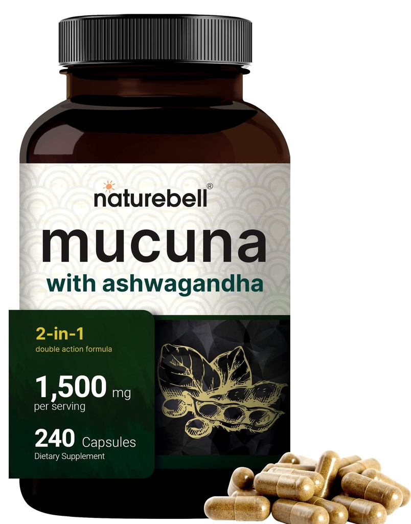Mucuna Pruriens Kapseln, Triple Strength 1500mg Per Serving, 2 in 1 Formel, Hergestellt mit Mucuna und Ashwagandha, 240 Kapseln, Potent Seed Extract, Positive Stimmung, Relaxation & Restoration Support