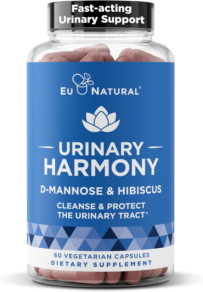 Urinary Harmony D-Mannose Supplement – Urinary Tract Health for Women – Cleanses and Flushes Das Urinary System – Potent Clinical Strength Formula with DMannose and Hibiscus – 60 Fast Acting Capsules