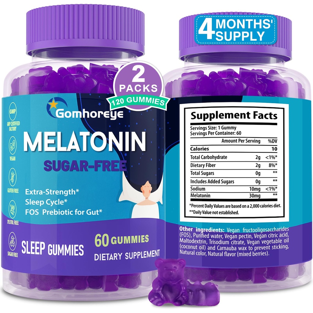 Melatonin Gummi 30mg für Erwachsene - Maximale Stärke Melatonin Gummis für Entspannung & Beruhigung, Exogene Melatonin-Ergänzung mit FOS für Immun-, Gutgesundheit und pH-Balance, Sugar Free -120 Zähler
