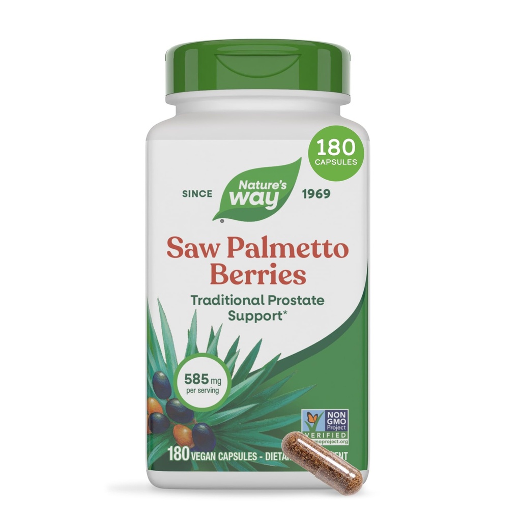 Nature's Way Saw Palmetto Beeren, Traditional Prostate Support*, 585 mg pro Portion, Non-GMO Project Verified, Vegan, 180 Kapseln