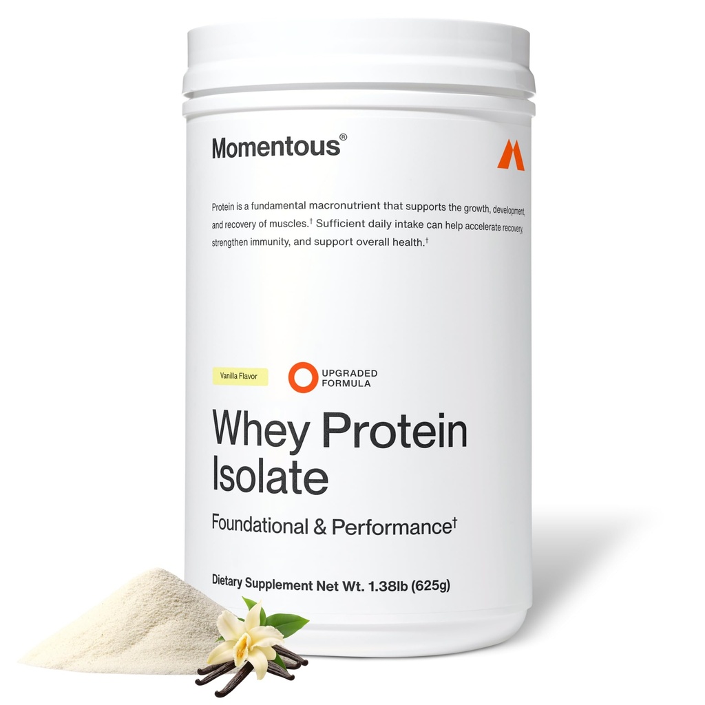 Momentous Essential Grass-Fed Whey Protein Powder - 20 g Whey Isolate Protein - NSF zertifiziert für Sport - Glutenfrei - 24 Servierungen für Essential Everyday Use - Vanilla - Paket May Vary