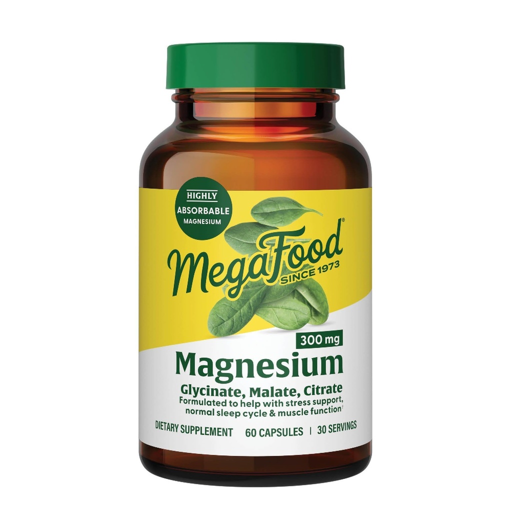 MegaFood Magnesium Glycinate, Citrate, Malate 300mg Supplement - Hoch absorbierbare Mischung, um Herz zu unterstützen, Nerve Gesundheit & Entspannung, Triple Magnesium Complex Supplement, 60 Kapseln (30 Portionen)