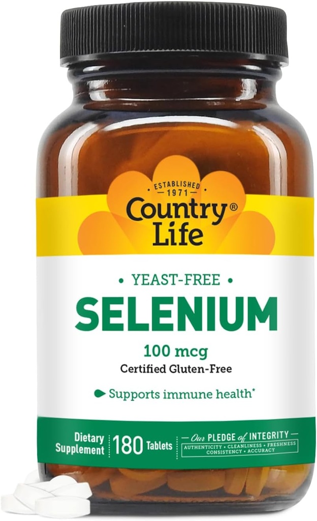Country Life Sélénium, Sans levure, soutient la santé immunitaire, 100 mcg, 180 comprimés, Sans gluten, végétalien, halal