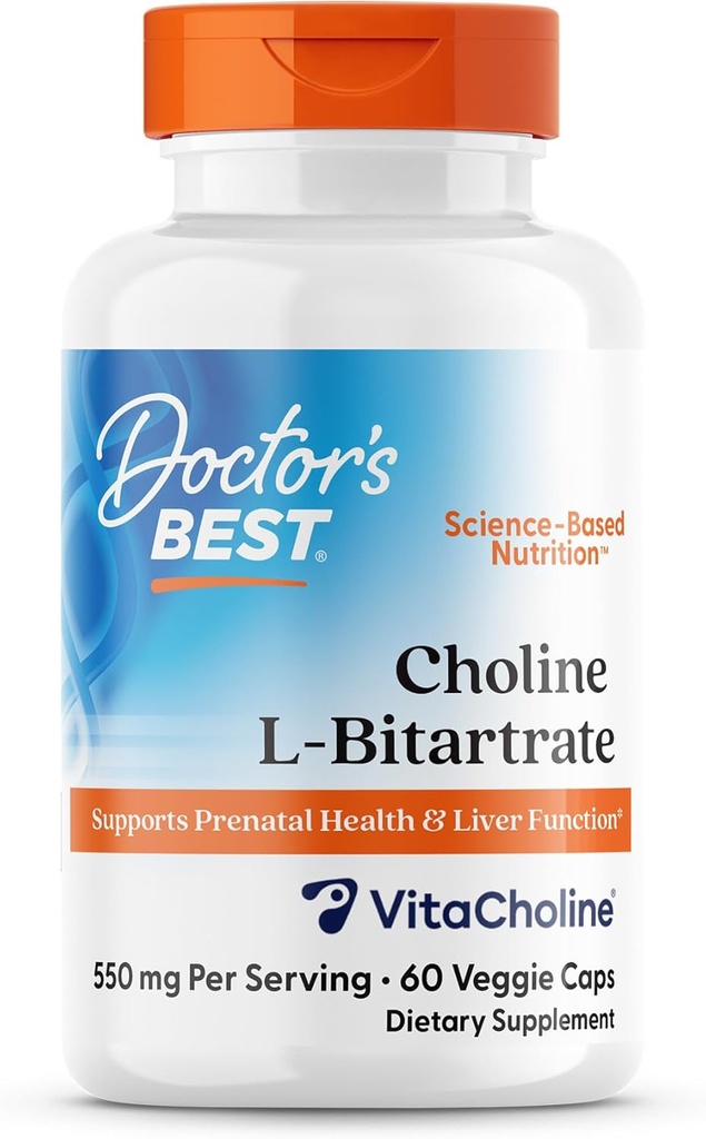 Doctor's Best Choline L-Bitartrate (VitaCholine), unterstützt pränatale Gesundheit & Liver-Funktion, Non-GMO, Glutenfrei, Sojafrei, Vegan 60 Veggie Caps