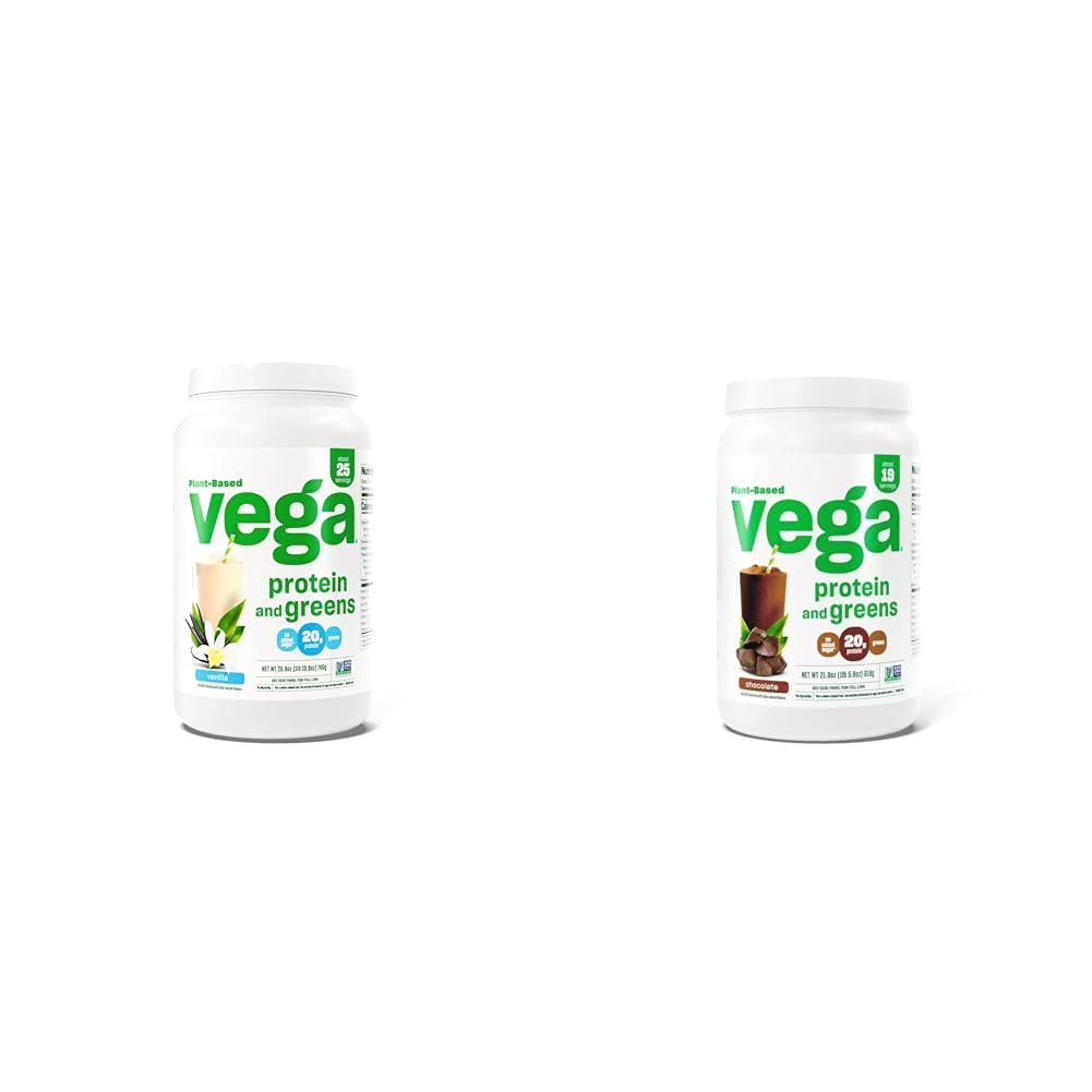 Vega Protein and Greens Protein Powder, Vanilla - 20g Plant Based Protein Plus Veggies, Vegan & Protein und Greens Protein Powder Chocolate (19 Servings) - 20g Plant Based Protein Plus