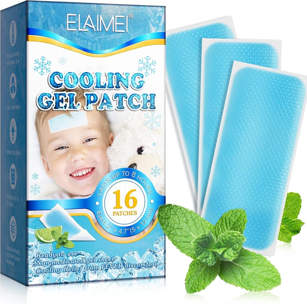 16 feuilles Patchs de fièvre pour les enfants - Patchs de gel de refroidissement par temps chaud pour les adultes - Patchs de maux de tête - Patchs de fièvre avant