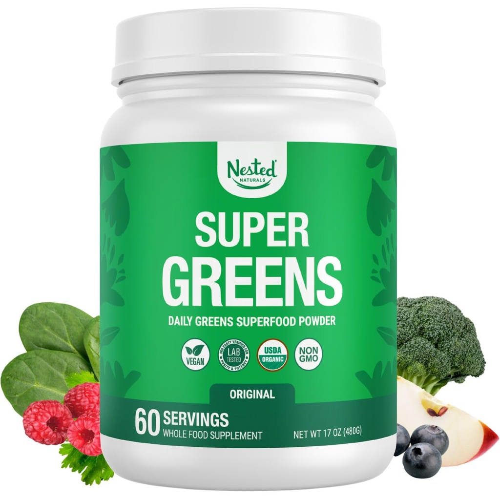 Nested Naturals Super Greens Daily Superfood Powder - Certified USDA Bio Green Powder w/20+ aliments entiers, poudre de spiruline, blé et orge - Probiotiques, fibres et enzymes - Arôme original, 60
