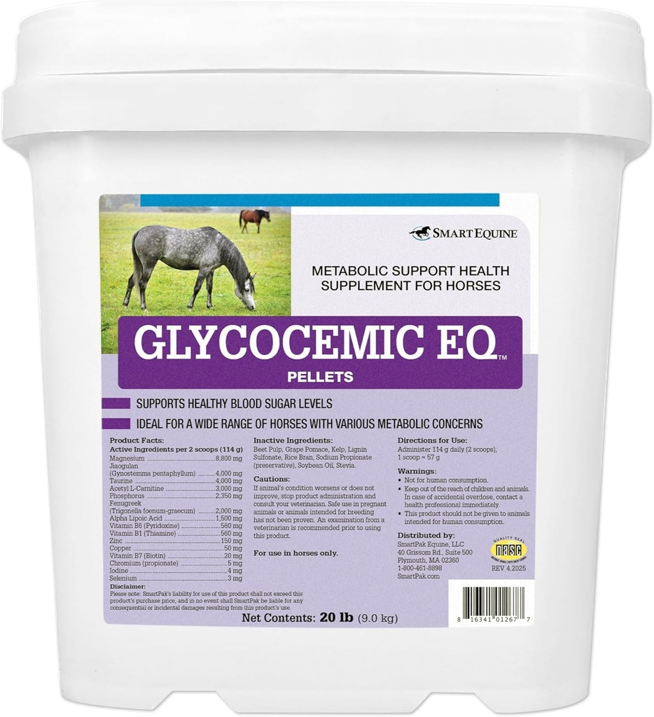 Glycocemic EQ Pellets | Equine Metabolic Support | für Schilddrüsenfunktion und gesunde Gewichtsunterstützung | Taurine, Jiaogulan und mehr | 20 lb Bucket