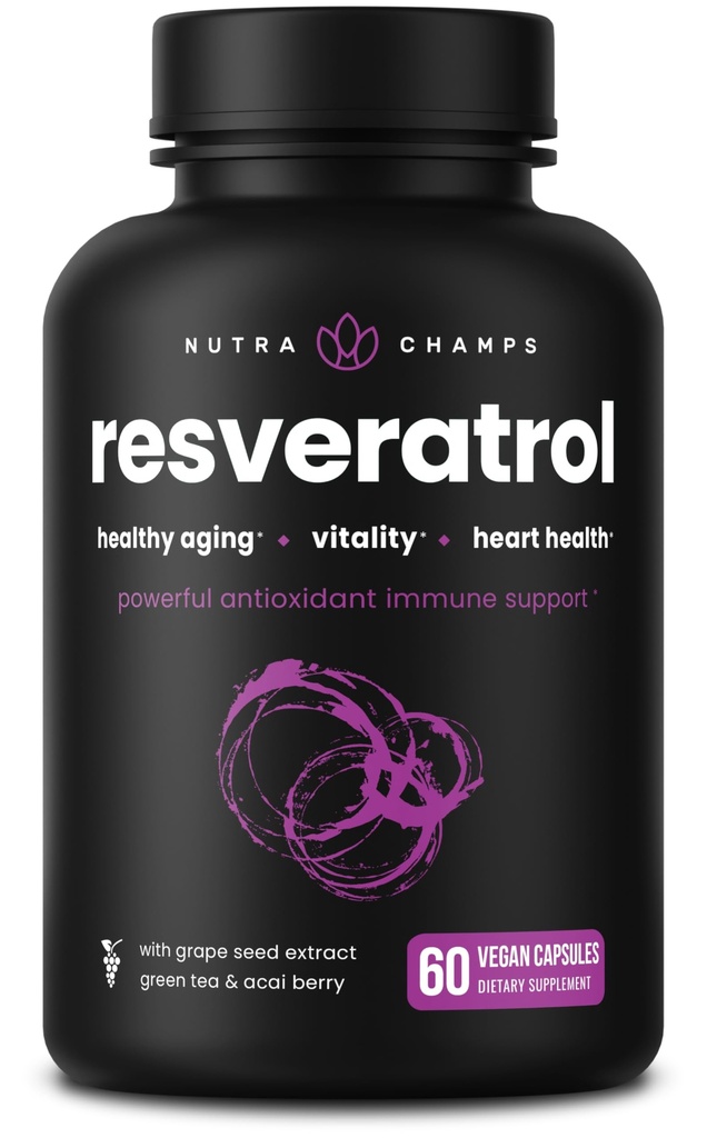 NutraChamps Resveratrol Ergänzung, extra Stärke Formel für gesundes Altern, Immununterstützung, 60 Vegan Kapseln mit Trans-Resveratrol, Green Tea Leaf, Acai Berry & Grape Seed Extract