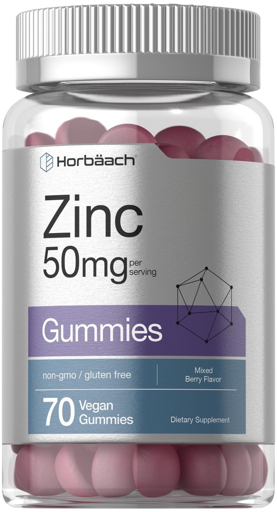 Horbäach Zinc 50mg | 70 Gummie | Gemischte Berry Flavor | Vegan, Non-GMO und Gluten freie Formel | Zink Citrat Nahrungsergänzung