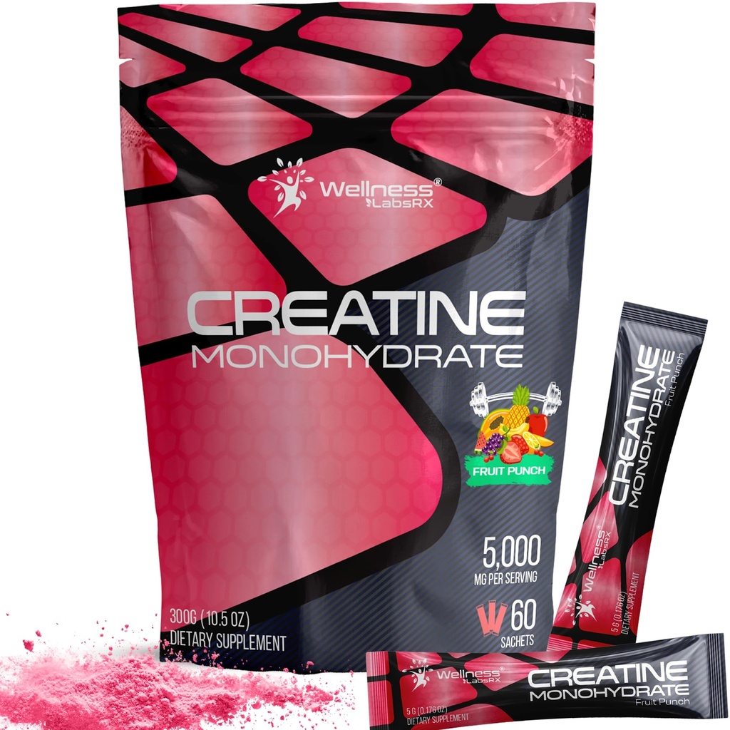 WELLNESS LABSRX Poudre monohydratée de créatine - 5000mg, Arôme de punch de fruits - 60 sachets - 300g