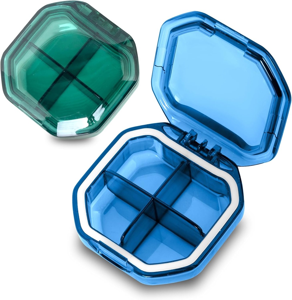 Tägliche Pille Organizer, 2 Pack 4 Komponenten Kleine Pille Box Tragbare Pille Fall, Reise Pille Organizer für Geldbeutel, um Vitamine zu halten, Cod Liver Öl, Ergänzungen und Medikamente (Blau + Grün)